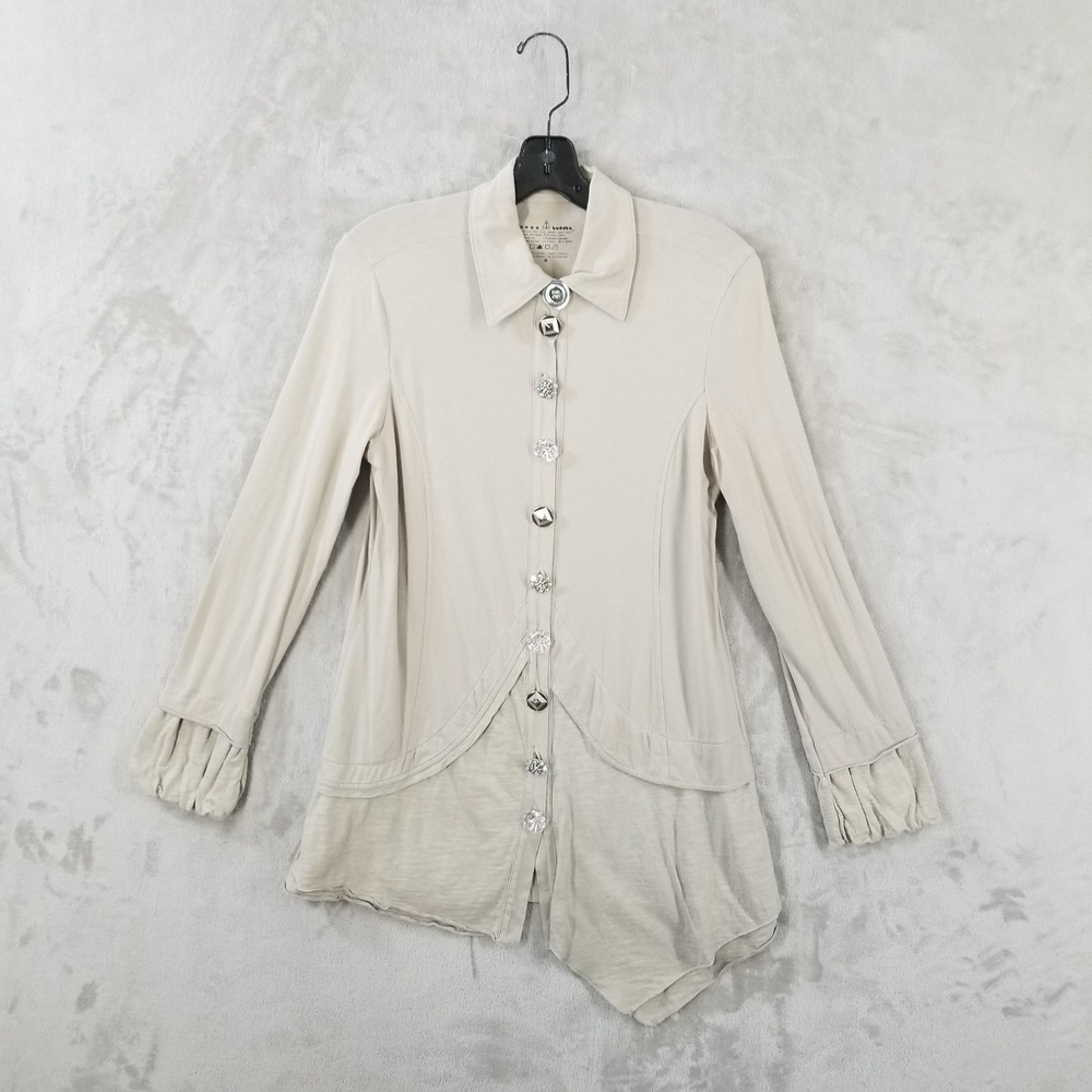 Neon Buddha Top Women M Beige Cotton Jersey Asymmetrical Button Front Lagenlook